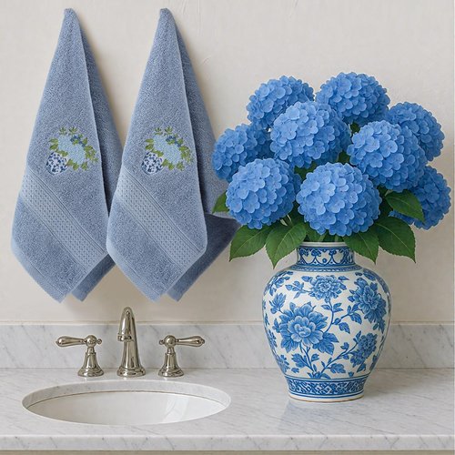 Frienda 2 Pcs Chinoiserie Vase Hydrangea Hand Towels Slate Blue Bathroom Decor 29.5x13.8 Inches Embroidered 100% Cotton Soft Absorbent Spring Summer Decorative Hand Towels for Bathroom Kitchen