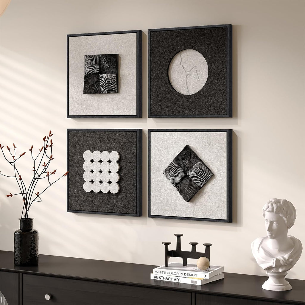 Skiennix 3D Wood Textured Wall Art Set - Modern Black & White Geometric Paintings for Home Decor