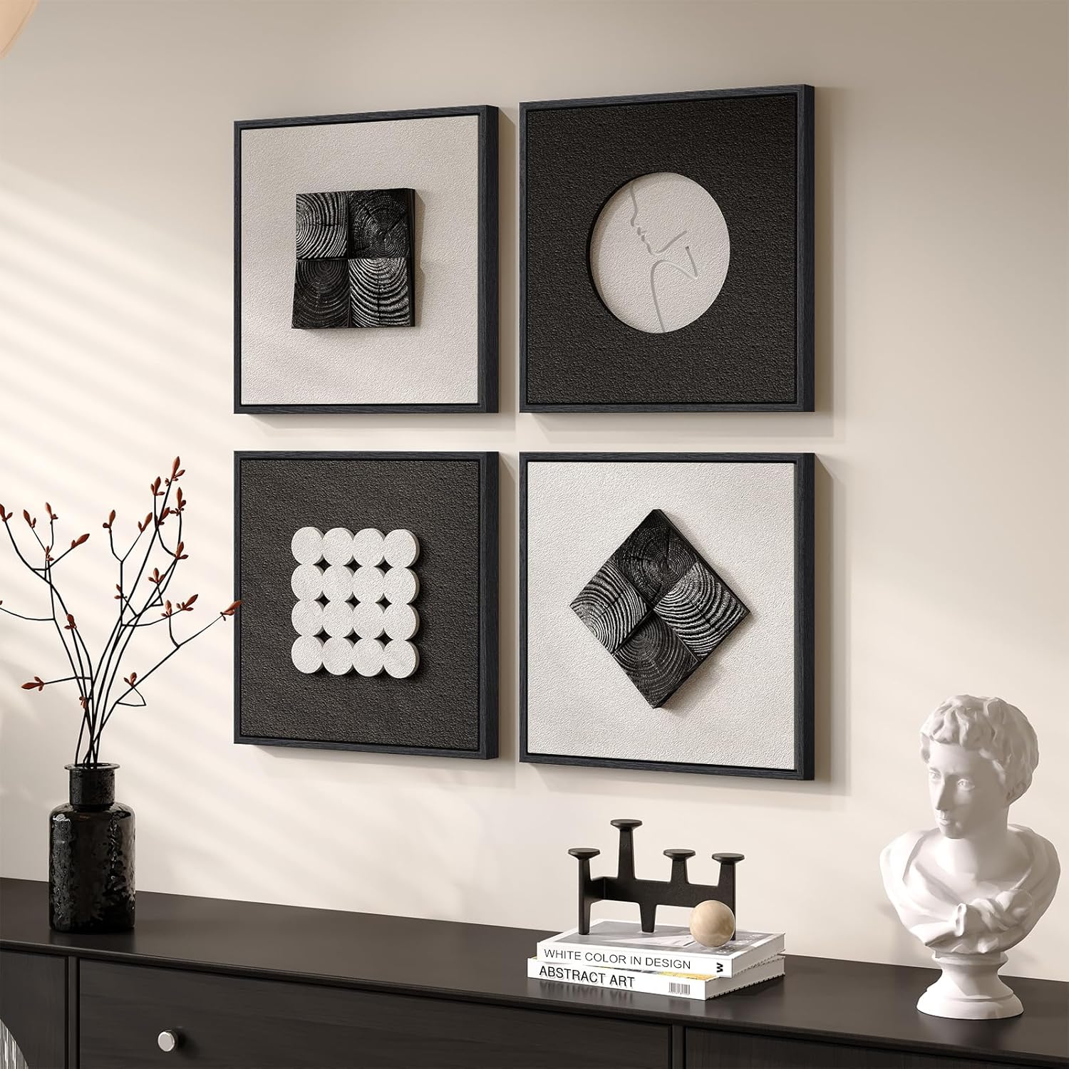 Skiennix 3D Wood Textured Wall Art Set - Modern Black & White Geometric Paintings for Home Decor