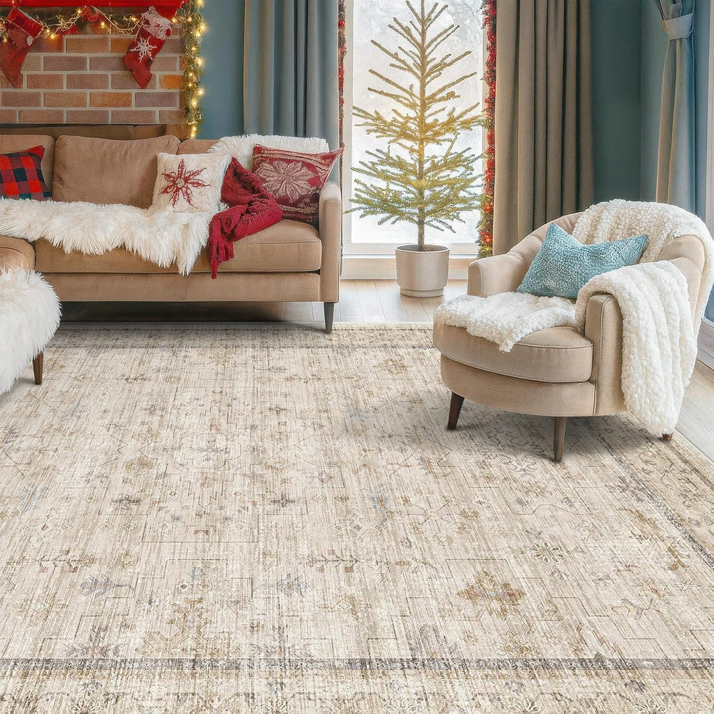 Washable Ivory 6x9 Living Room Rug - Non-Slip Dining Rug for Under Table | Low Pile Neutral Farmhouse Carpet