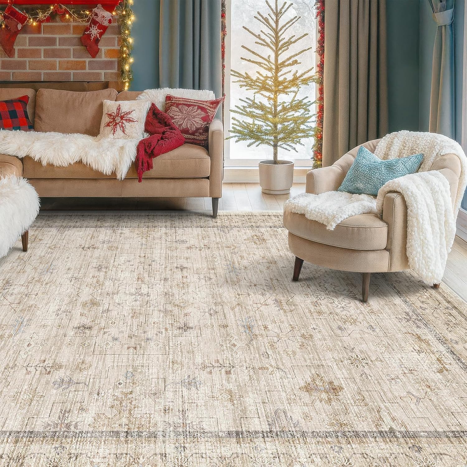 Washable Ivory 6x9 Living Room Rug - Non-Slip Dining Rug for Under Table | Low Pile Neutral Farmhouse Carpet