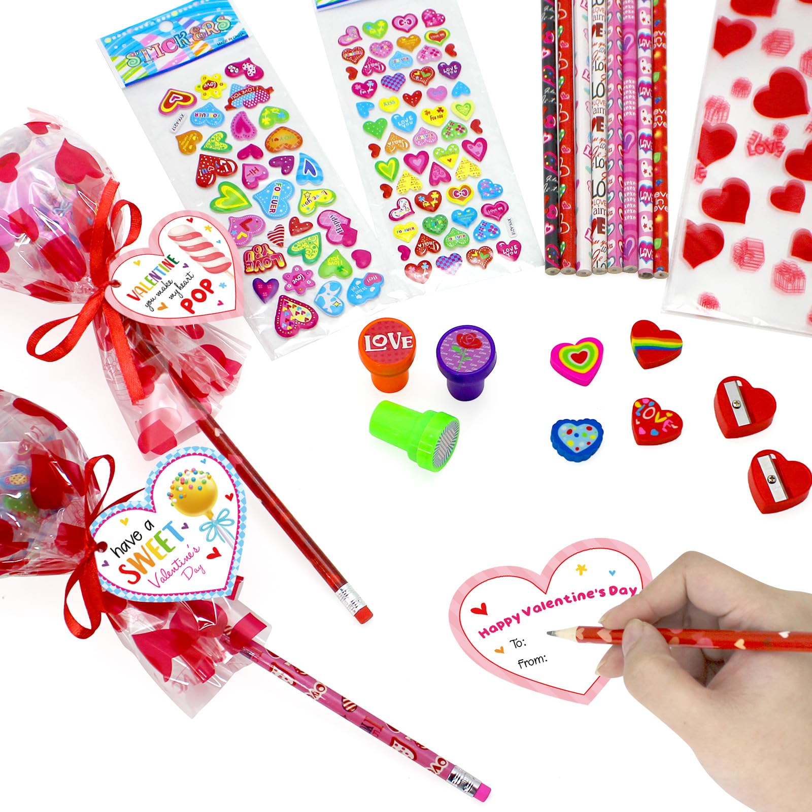 JJXUANER 24 Pack Valentines Day Gifts, Valentine's Day Gifts with Valentines Cards Pencils Stickers Erasers Stampers