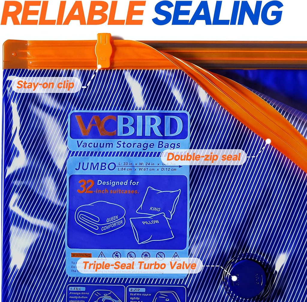 Vacbird Vacuum Storage Bags - 15 Pack Compression Packing Cubes with Rechargeable Pump | Space Saver for Clothes & Blankets