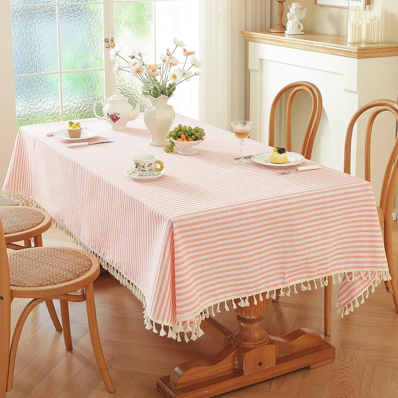 Meioro Orange & White Striped Cotton Tablecloth 39x55 Inch — Rectangular with Tassel Fringe (Variation: Bright Orange + 55x39)