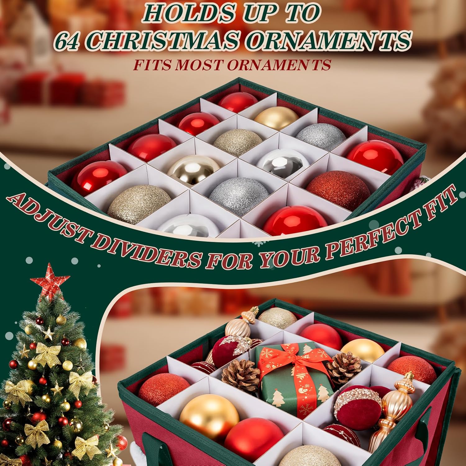 Skiennix Christmas Ornament Storage Box - Adjustable Dividers & Zippered Top | Holds 64 Ornaments (3 Inch)