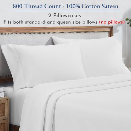 Heirloom 800 Thread Count 100% Cotton Sateen Pillowcases - Soft & Smooth | 2 White Standard Size