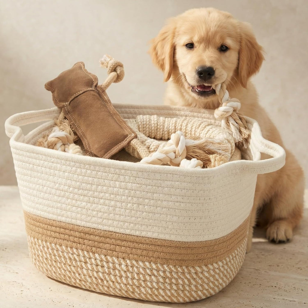 Stylish Cotton Rope Storage Basket - Versatile Woven Bin for Dog Toys, Magazines & Books | Clutter-Reducing Organizer with Handles