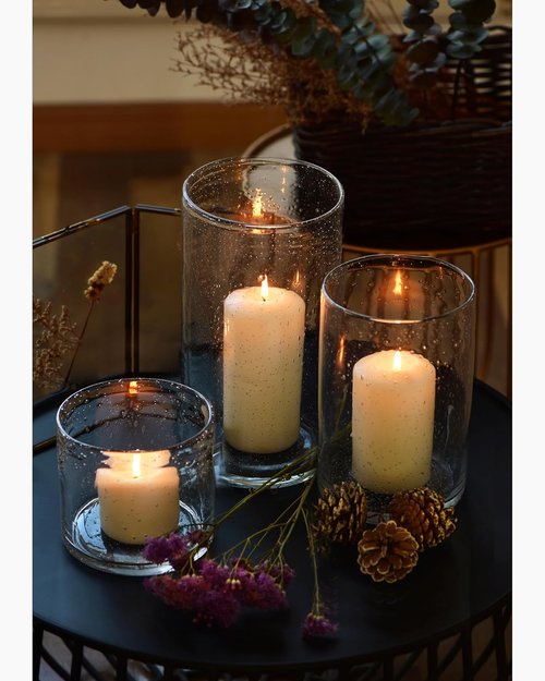 ARIAMOTION Hurricane Candle Holders - Hand Blown Glass Cylinder Vases | Clear Seeded Bubbles - Set of 3 (10", 7", 4")