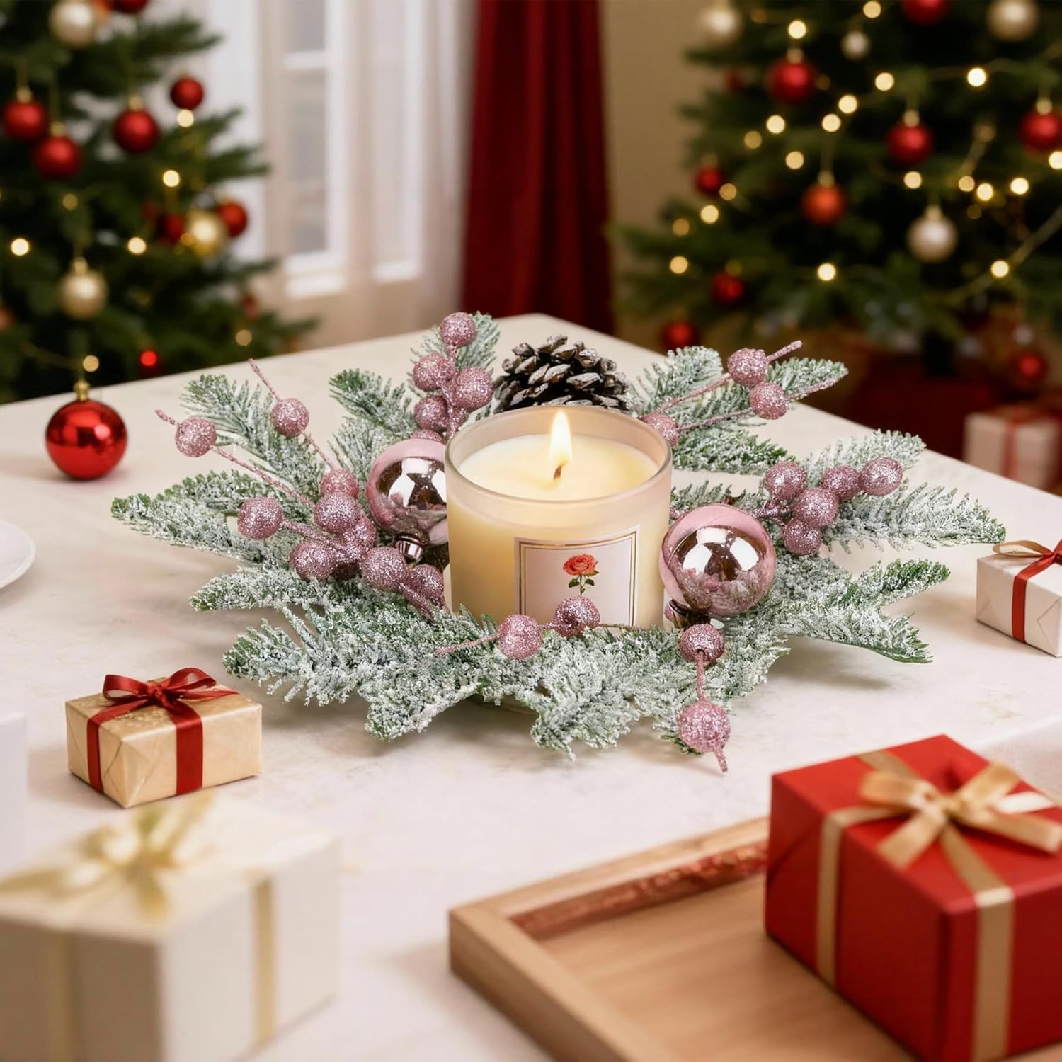 Pink Christmas Candle Rings - 8-Inch Small Wreaths with Pine Cones, Berries & Pine Needles for Holiday Decor