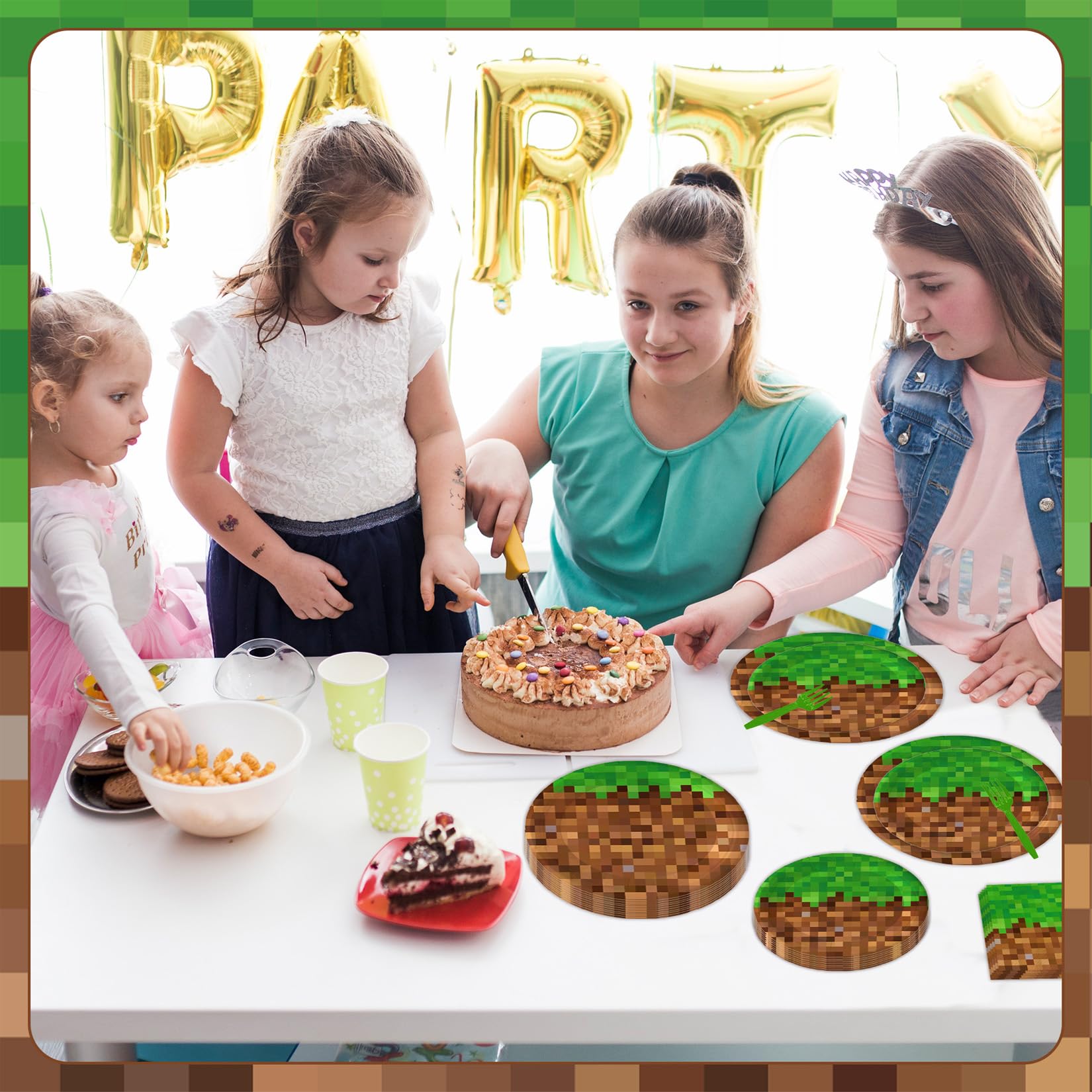 100Pcs Pixel Party Decorations Gamer Party Supplies for 25 Guests- Pixel Mining Craft Theme Disposable Birthday Party Tableware Pack Includes Plates, Napkins, Plastic Forks