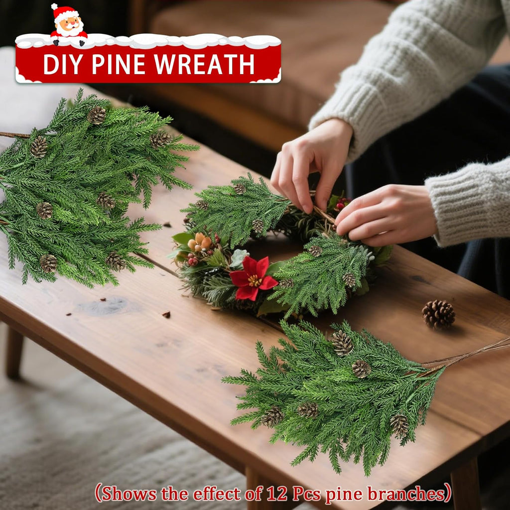 Skiennix Christmas Pine Stems - Realistic Artificial Greenery with Pinecones | 6 Pcs for Home Decor