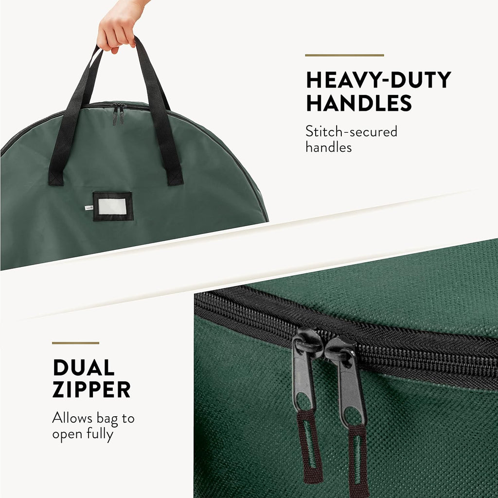 ZOBER Oxford Christmas Wreath Storage Container - 48 Inch Waterproof Bag with Dual Zippers & Durable Handles - Green