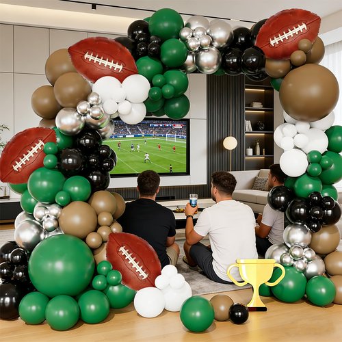 CboDeco Football Balloon Arch Kit, 141PCS Green Brown Black Balloons with Football Foil Balloons for Football Birthday Party Decorations, Touch Down Rugby Super Bowl Party Supplies