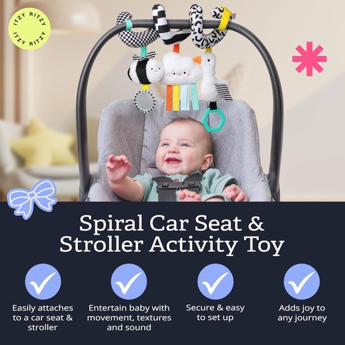 Itzy Ritzy Spiral Car Seat & Stroller Activity Toy - Engaging Hanging Toy with Mirror & Textured Ribbons for Infants