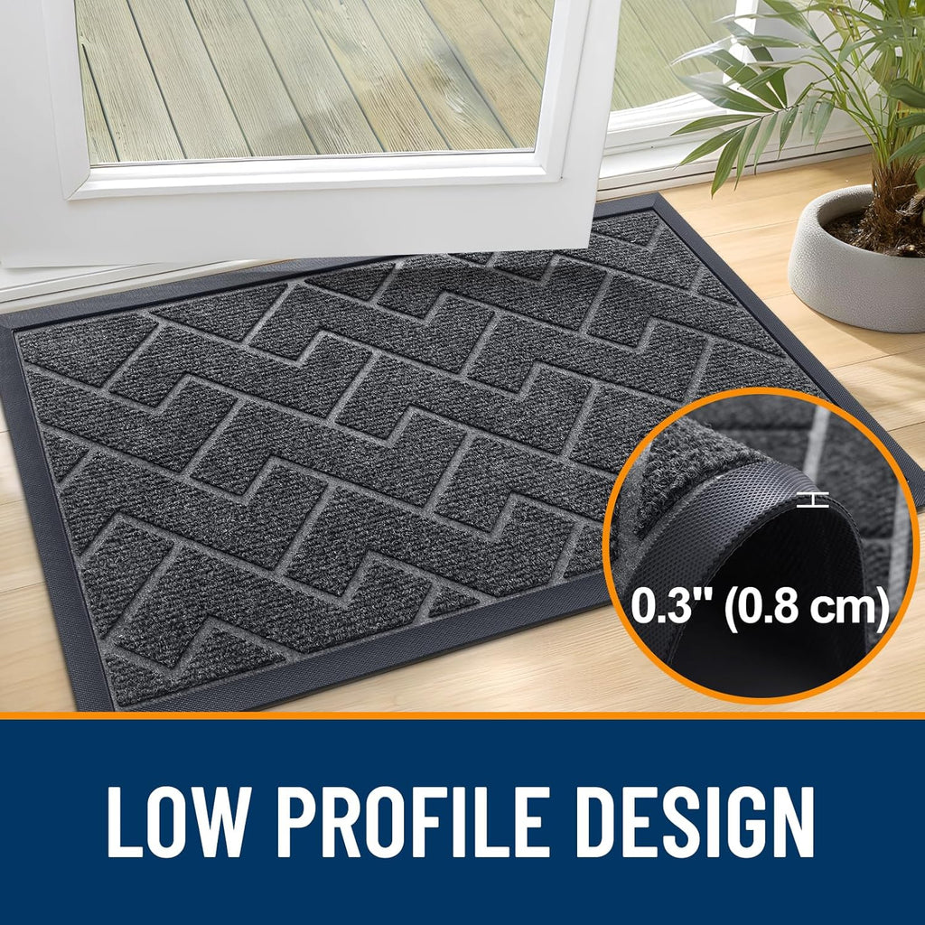 OLANLY Waterproof Front Door Mat - All-Season Herringbone Design, Sturdy Natural Rubber, Easy Clean | Grey 29.5x17