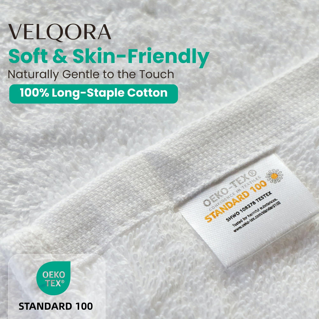 Velqora Bath Towels 4 Pack, Large 30 x 60 Inches, 100% Cotton Towels, Balanced Weight, Soft and Absorbent for Bathroom, (White)