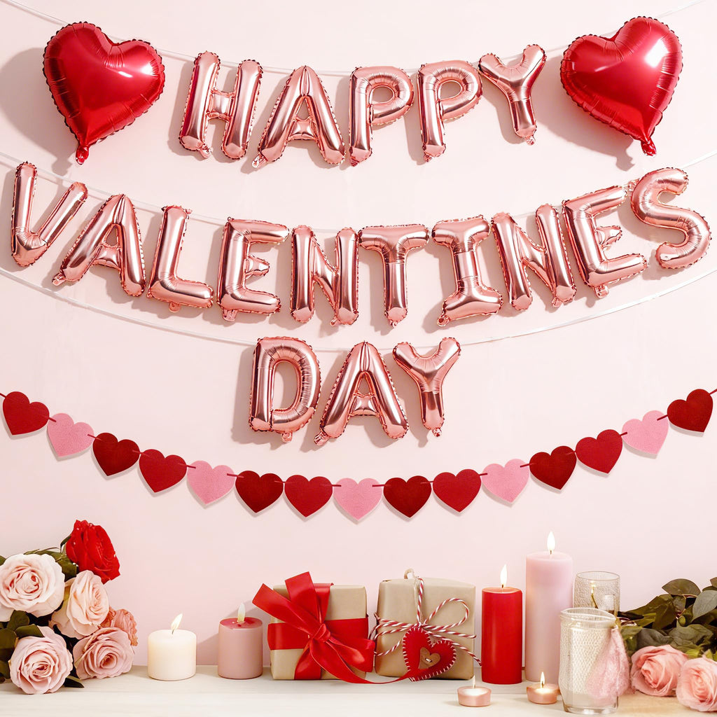 Valentine's Day Party Decorations Set, Includes Happy Valentines Day Letter Balloons Banner, Red Heart Foil Balloons, Felt Heart Garland Banner for Valentines Home Mantle Bedroom Office School Decor