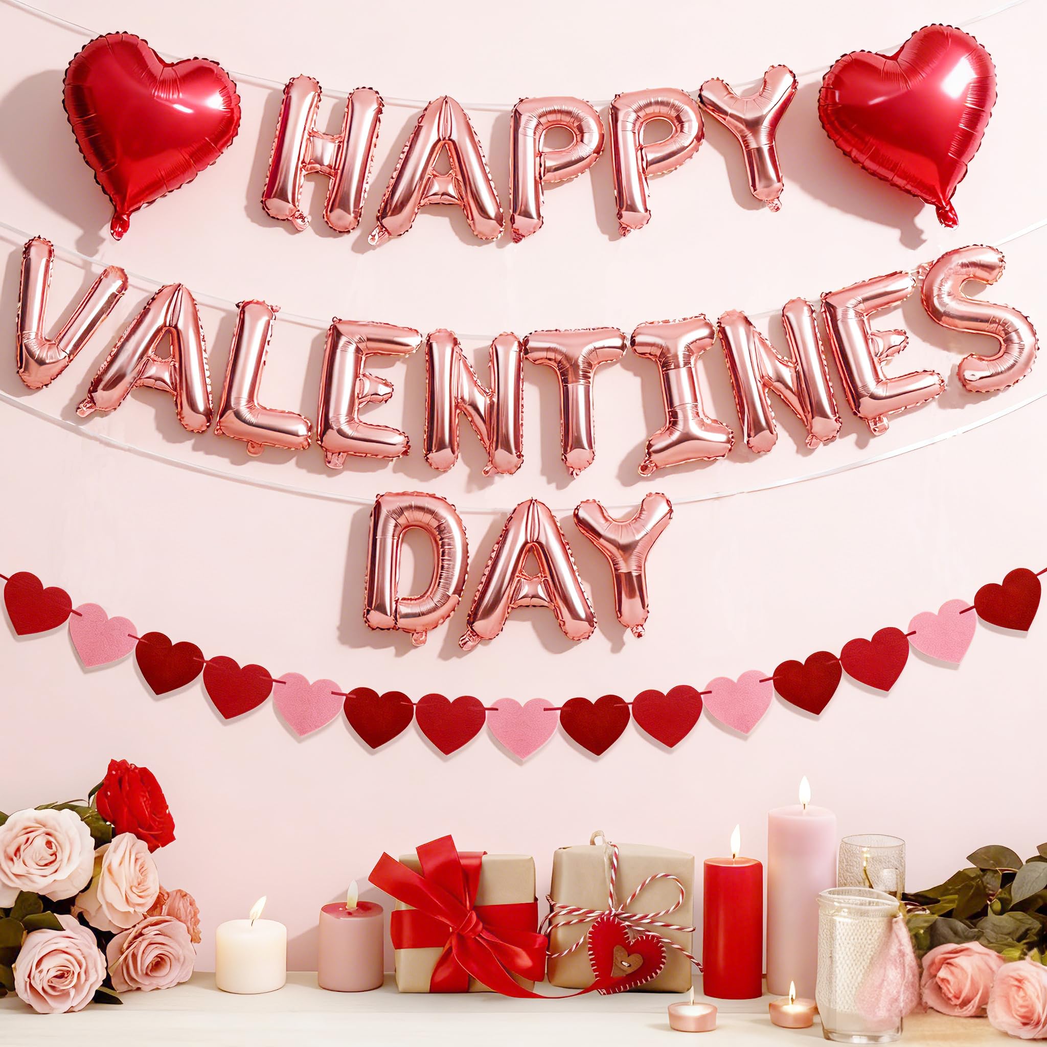 Valentine's Day Party Decorations Set, Includes Happy Valentines Day Letter Balloons Banner, Red Heart Foil Balloons, Felt Heart Garland Banner for Valentines Home Mantle Bedroom Office School Decor