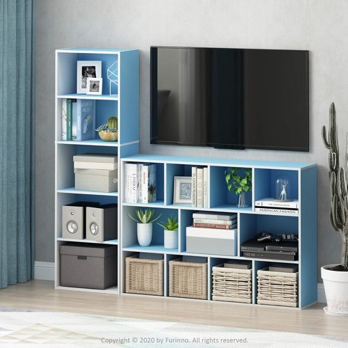 Furinno LUDER 5-Tier Bookshelf - Open Shelves for Easy Assembly | White & Light Blue, 9.4 x 15.8 x 52 Inches
