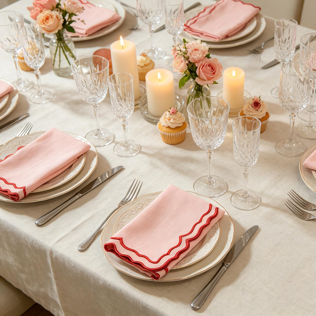 MIKI WELL Scalloped Embroidery Cloth Napkins Set of 4 14"X14" Cotton Napkins for Potluck Party Wedding Table Decor (Square Pink with Red)