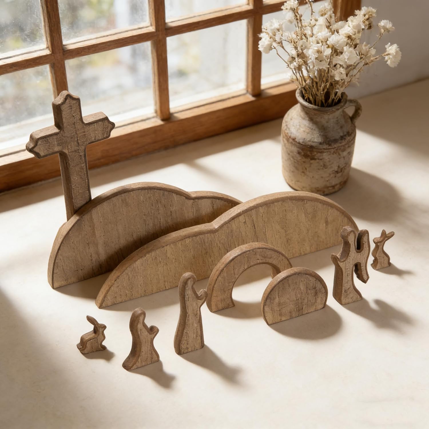 TW SHINE Wooden Easter Scene Decoration - Empty Tomb & Cross Tray Set for Home & Office