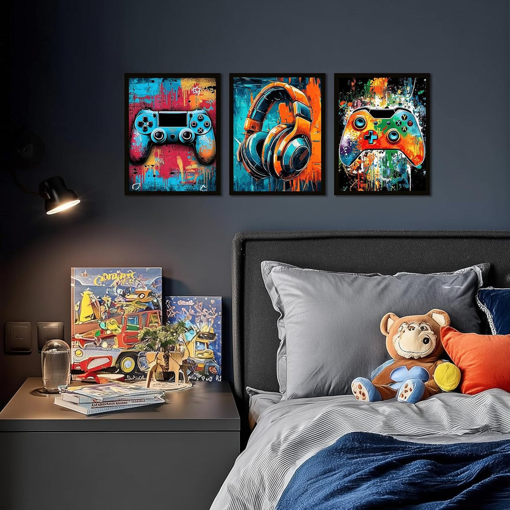 Skiennix Gaming Wall Art - Neon Watercolor Graffiti Gamepad Prints | 8x10 in, Set of 3 for Teen Boys