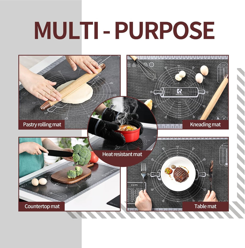 Silicone Pastry Mat - Extra Large Non-Slip Baking Mat with Measurements | 26''x16'' Translucent Grey