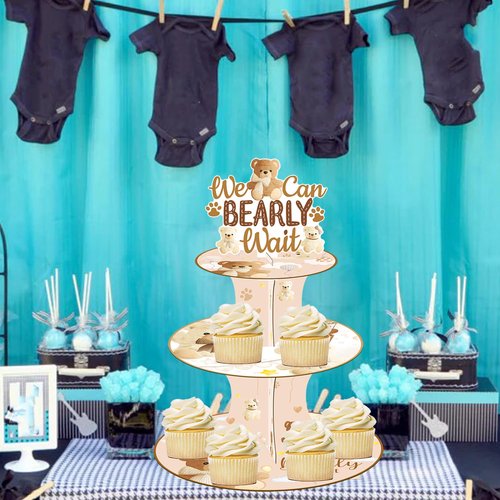 umoni We Can Bearly Wait Cupcake Stand Bear Baby Shower Decorations 3 Tier Bear Theme Cupcake Stand We Can Bearly Wait Baby Shower Decoration Cupcake Holder for Gender Reveal Party Supplies