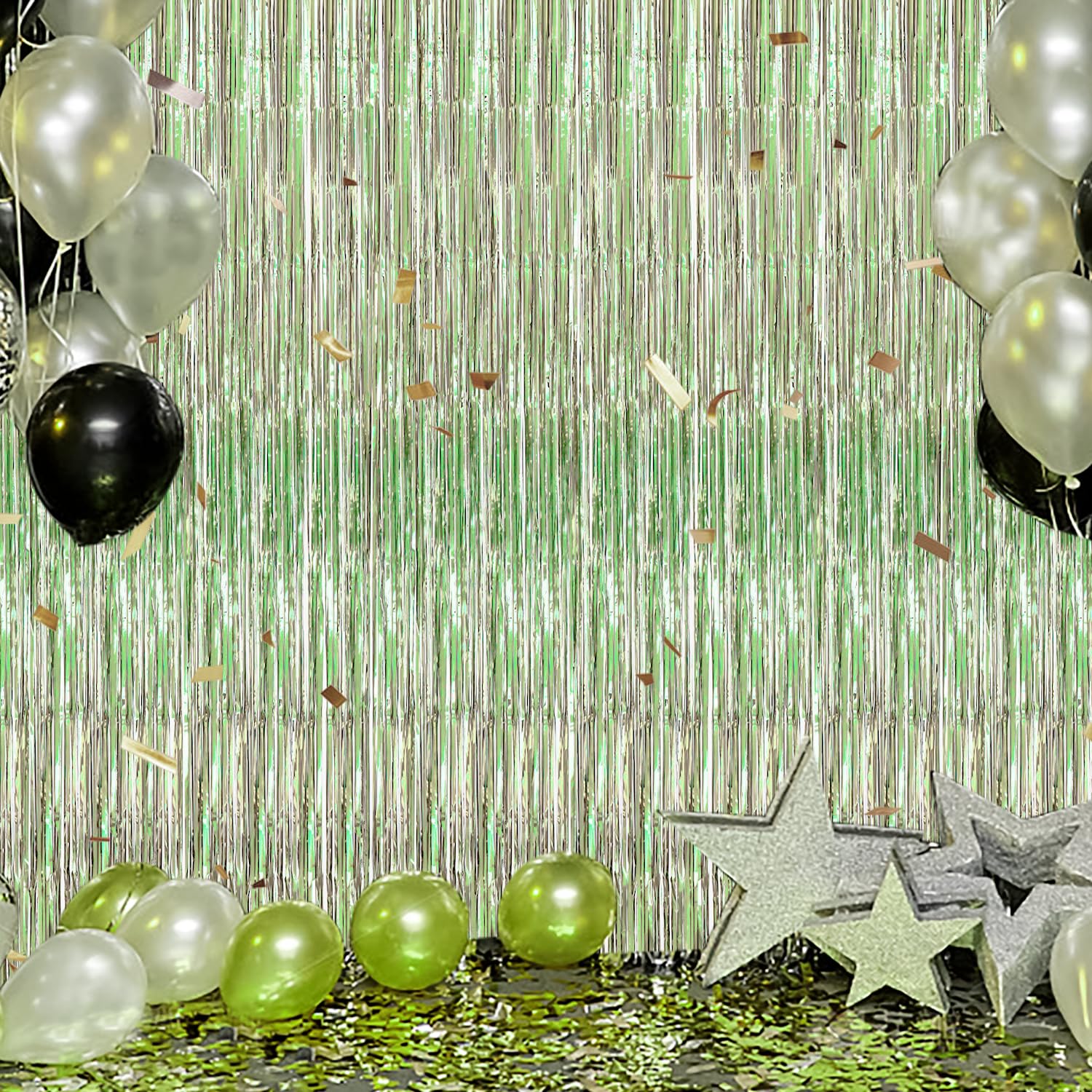 DECOCKRAT 3 Pack Foil Fringe Backdrop - Light Green Shiny Tinsel Curtains for Party Decoration/Photo Booth Props - 3.3x8.2 FT Metallic Foil Backdrop for Birthday, Wedding, Graduation, Christmas
