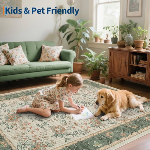 GarveeHome 5x7 Christmas Area Rug Sage Green Washable Rugs for Living Room Bedroom, Soft Low Pile Non Slip French Country Floor Mat Botanical Floral Print Throw Rug Indoor Carpet Dining Room Playroom