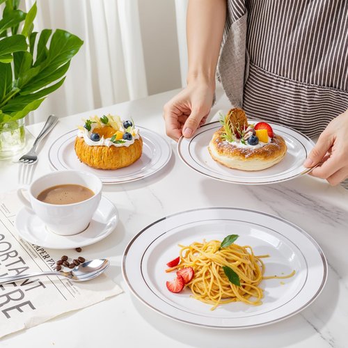 WDF Partyware 350Piece Silver Plastic Dinnerware Set for 50 Guests - Silver Plastic Plates with Cutlery Include:50Dinner Plates-50Dessert Plates-50Pre Rolled Napkins with Silverware Party Wedding