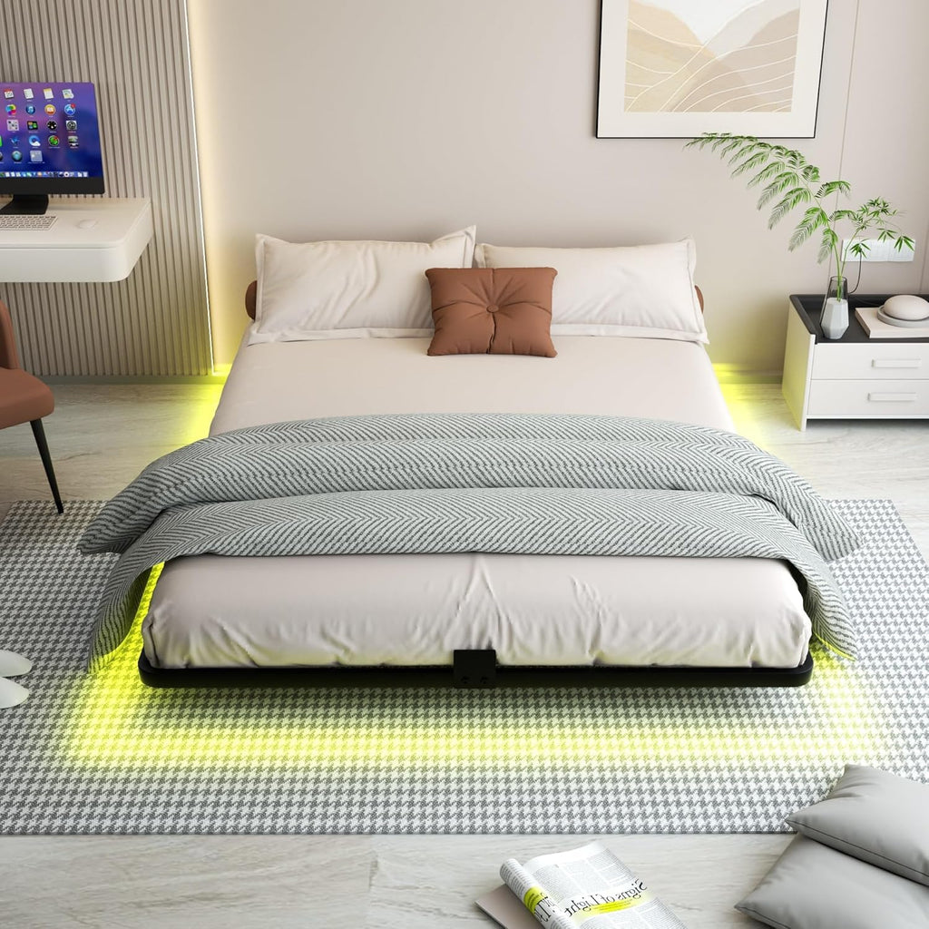 FSJianYi Queen Floating Bed Frame with LED Lights - Modern Metal Platform Bed Frame - Noise Free No Box Spring Needed and Easy Assembly,60W x 80L in