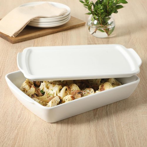 Gibson Home Gracious Dining 2.6-Qt White Stoneware Baking Dish - Versatile Oven Safe Casserole & Serveware | 12.7" x 9" Rectangular