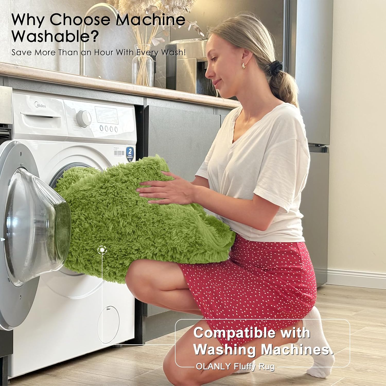 OLANLY Soft Fluffy Shaggy Bedside Rug - Machine Washable 2x3 for Bedroom & Nursery | Grass Green