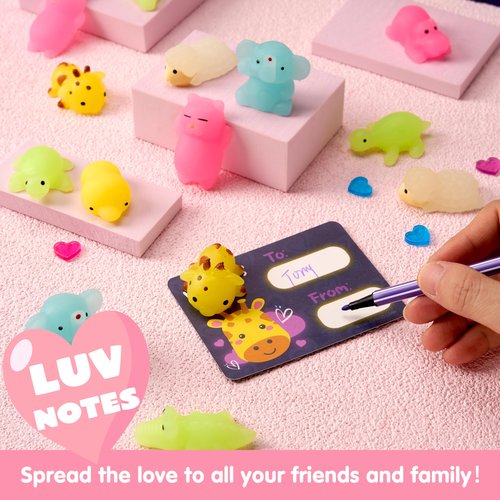 JOYIN 36 Packs Valentine‘s Day Gift Cards with Glow in Dark Mochi Squishy Toys, 9 Designs Stress Relief Fidget Toys, Glowing Squeeze Toy for Kids Valentine's Party Favors and Classroom Exchange