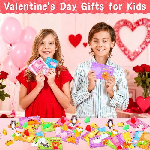 FLYSNK 28 Pack Valentines Day Cards for Kids with Animals Mochi Squishies Fidget Toys, Valentines Classroom Exchange Gifts, School Prizes Party Favors for Boys & Girls