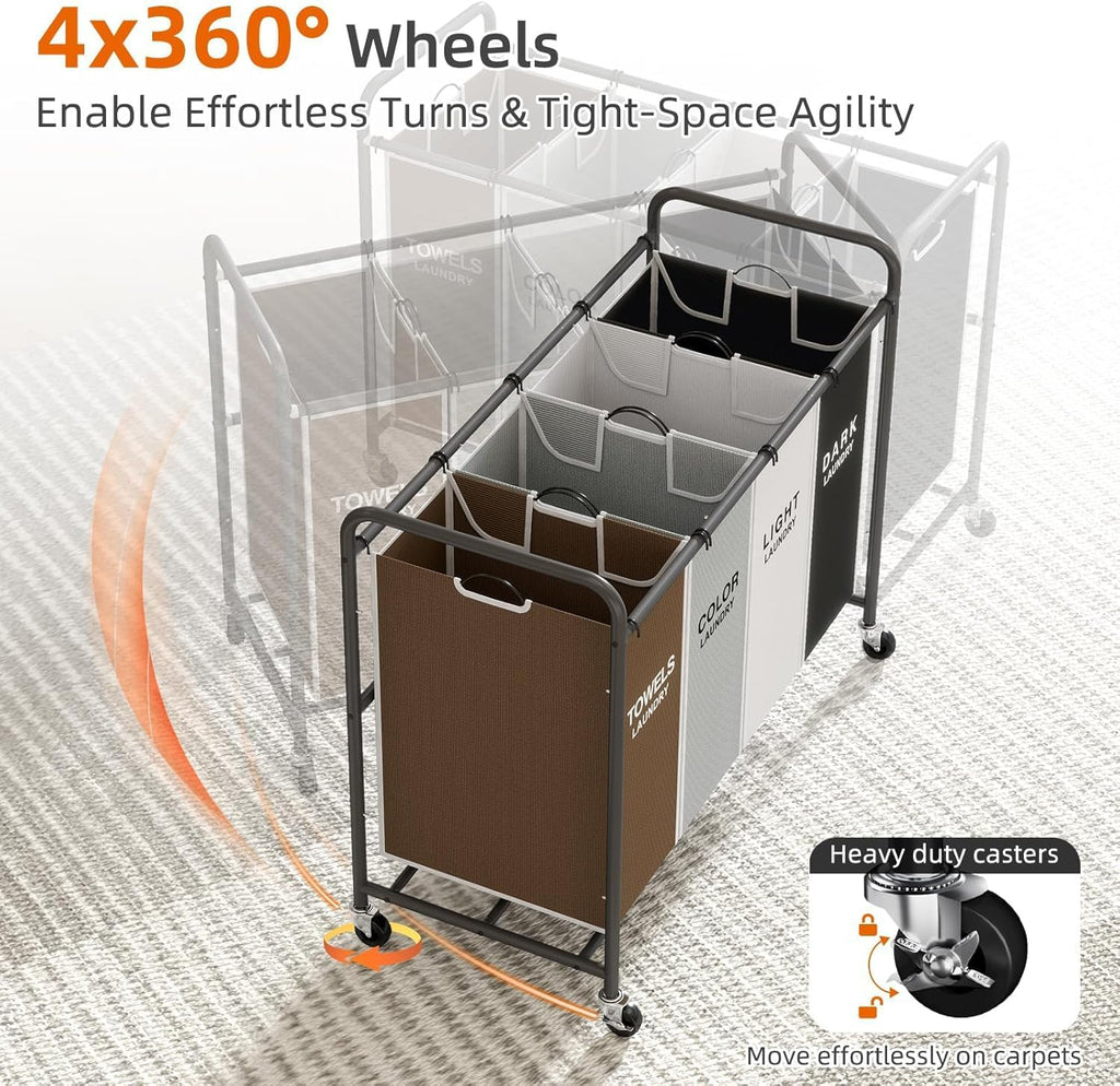 ROMOON Laundry Hamper Cart - 4-Section Organizer with Lockable Wheels & Removable Bags | 180L Rolling Basket for Small Spaces (Multicolor)