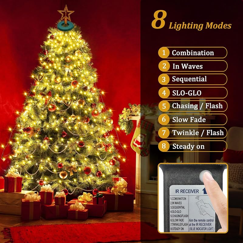 Warm White 8.2ft 16-Stream Cascading Christmas Tree Lights with Ring, 448 LEDs, Dimmable, 8 Modes, IP44 Plug-in