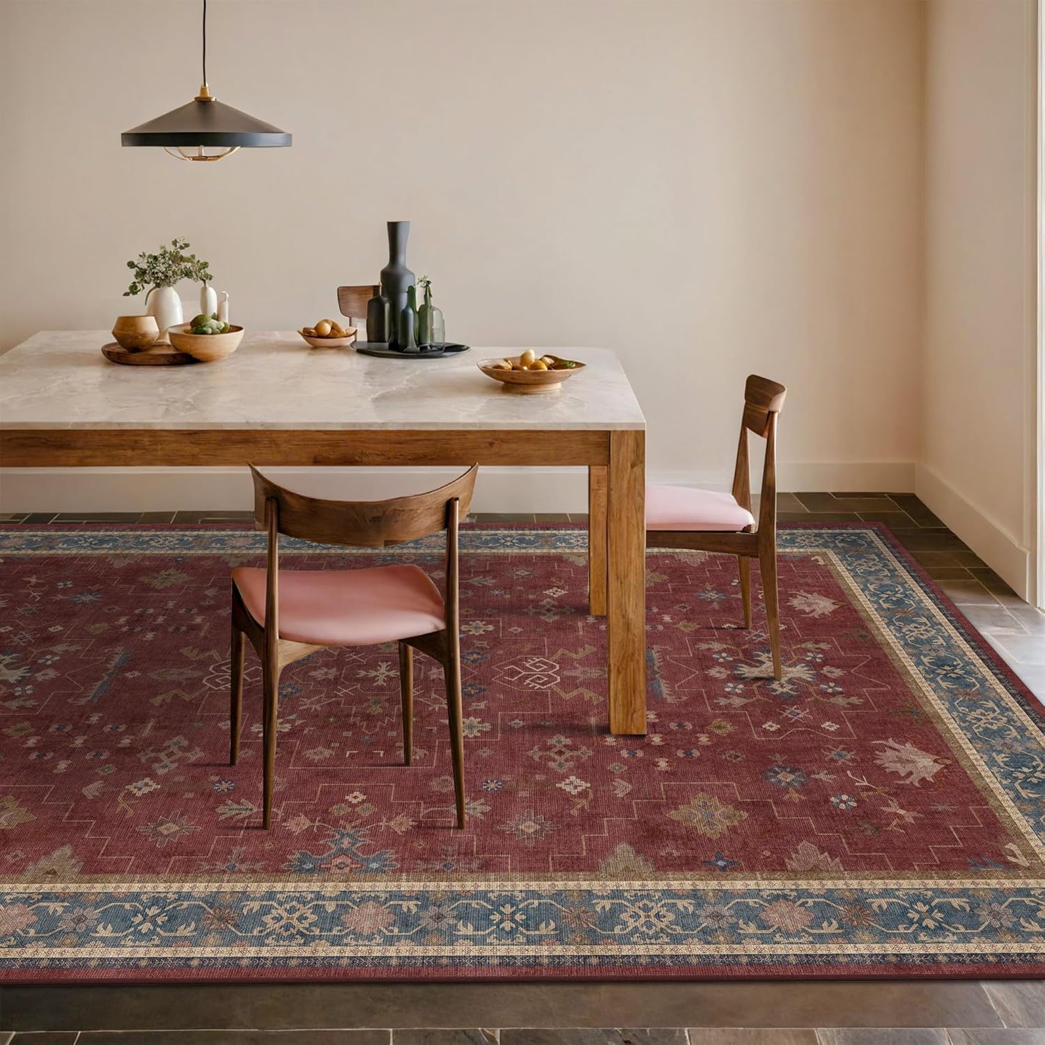 Regine Switzerland Vintage Burgundy Dining Room Rug - 6x8 Machine Washable Boho Carpet for Aesthetic Décor