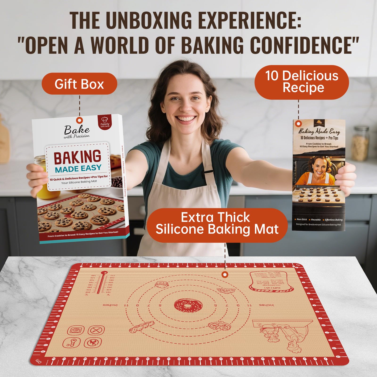 Extra Thick Silicone Mat for Baking, Silicone Baking Mat with 10 Easy Recipes, Non Stick Silicone Pastry Mat, kneading Dough Rolling Mat, Macaron, Cookie, bread, Pizza, Fondant/Pie Crust