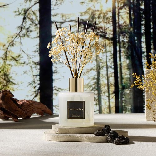 Cocorrína Reed Diffuser - Black Forest Scented 17 Fl. Oz Diffuser with 8 Sticks & Preserved Flowers | Home Decor