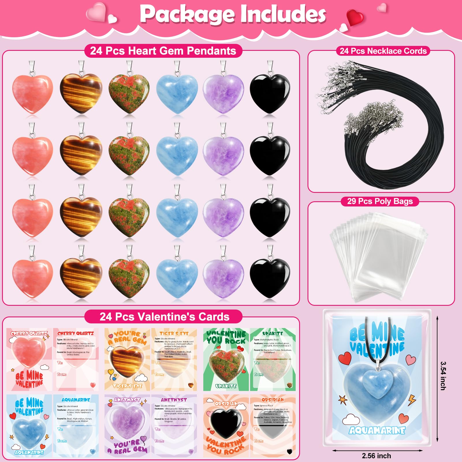 Arfun Valentines Day Cards Gifts for Kids School, 24 Pack Heart Gem Necklaces Valentines Goodie Bags for Classroom, Valentine Exchange Party Favors Rock Crystal Stone Pendants for Girls Boys Class