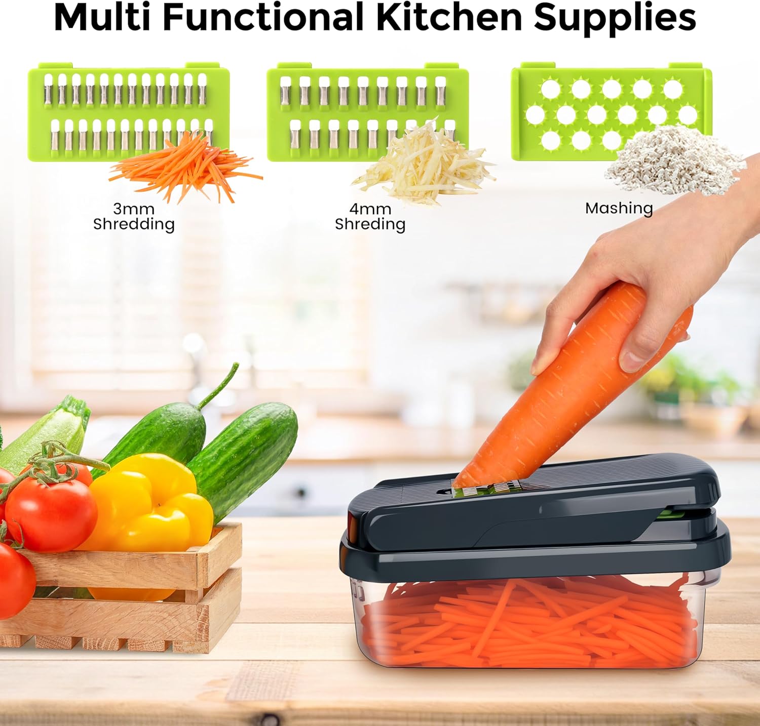 Yusshn Vegetable Chopper - 12-in-1 Multifunctional Food Chopper with 7 Blades | Grey Kitchen Essential