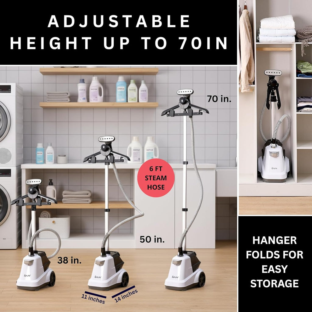 SALAV Heavy Duty Garment Steamer - 1800W Full-Size with 3L Water Tank & 90+ Min Continuous Steam | White