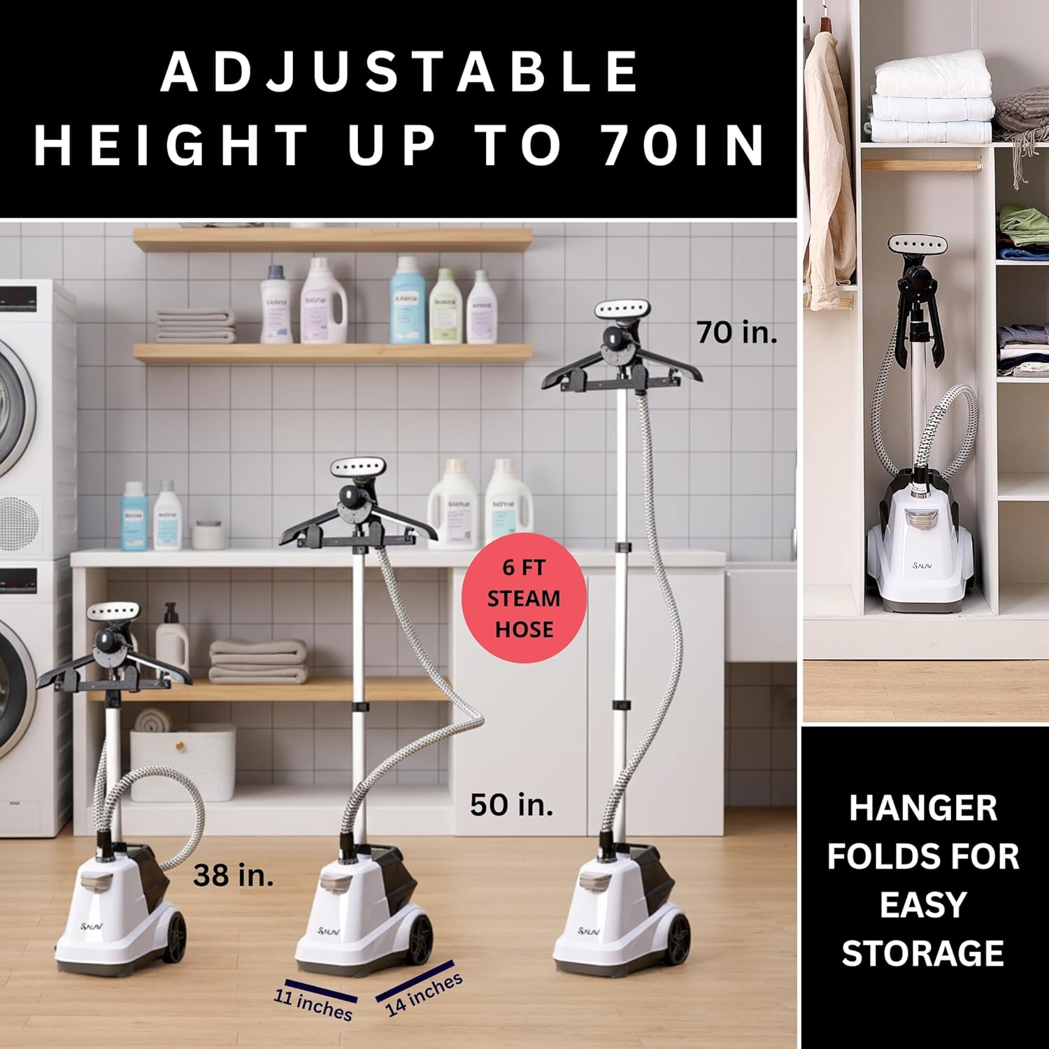 SALAV Heavy Duty Garment Steamer - 1800W Full-Size with 3L Water Tank & 90+ Min Continuous Steam | White