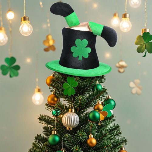 codree St. Patrick Day Tree Topper Hat, St. Patrick's Elf Legs Velvet Hat Tree Topper, Irish Green Shamrock Top Hat Tree Decoration for St. Patrick's Day Holiday Home Party Decor Fancy Dress Costume