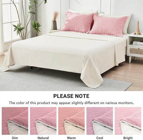 HYMOKEGE King Size Comforter Set - 7-Piece Seersucker Luxury Bedding in Pink/Ivory for All Seasons
