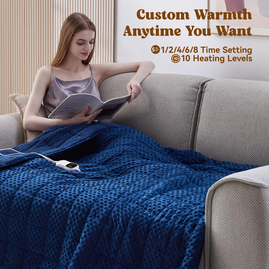 Wellfeel Heated Weighted Blanket for Adults, Soft Electric Throw Blanket 48''x72'' 15LBS Fast Heating Heavy Cozy Blanket with 10 Heating Levels and 1/2/4/6/8 Hours Auto Off (Blue,Twin Size)