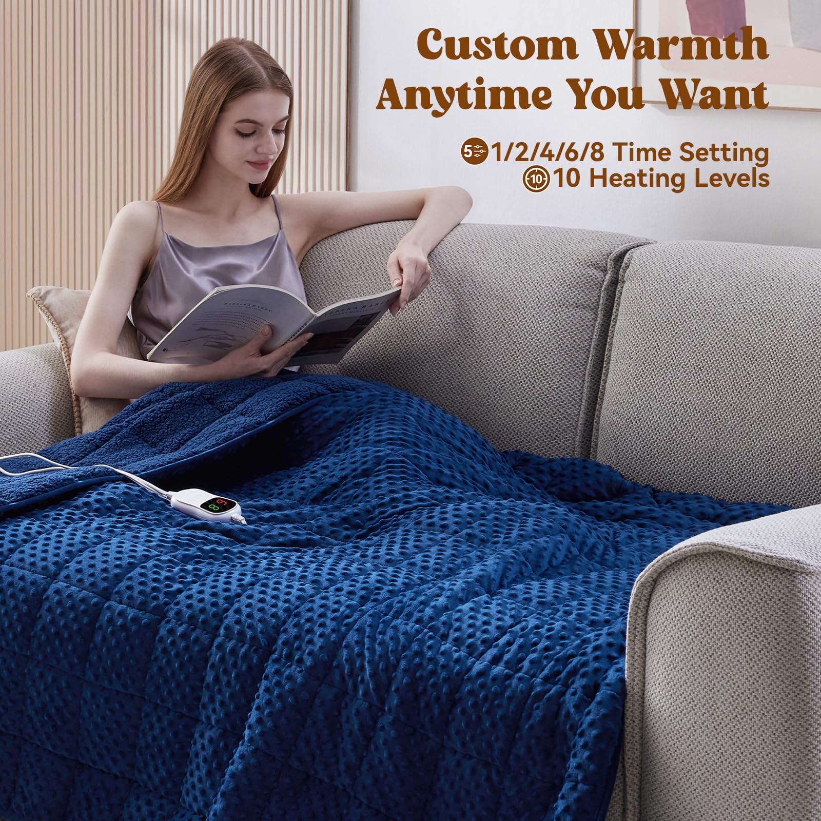 Wellfeel Heated Weighted Blanket for Adults, Soft Electric Throw Blanket 48''x72'' 15LBS Fast Heating Heavy Cozy Blanket with 10 Heating Levels and 1/2/4/6/8 Hours Auto Off (Blue,Twin Size)