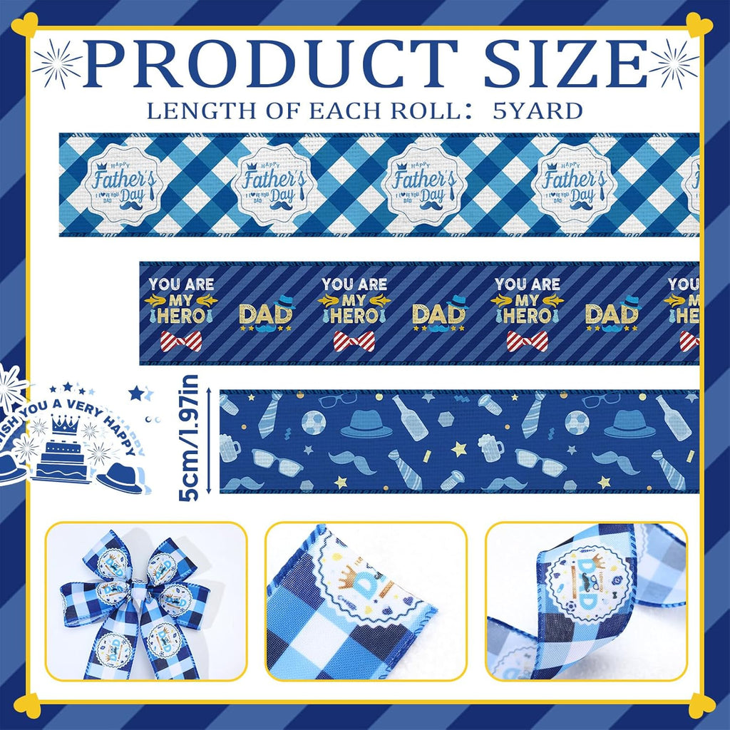 Skiennix 30 Yards Wired Edge Ribbon - Blue Tie Hat Pattern for Father's Day Crafts & Gifts